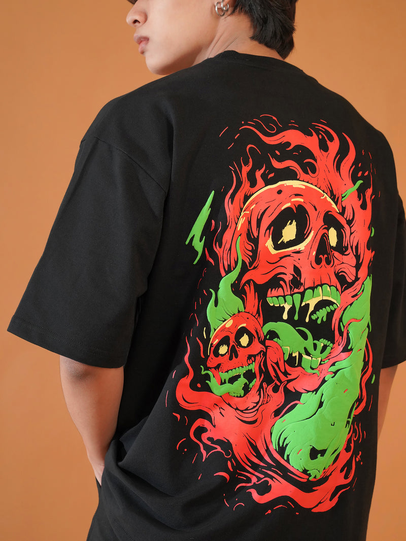 FIRE SKULL DROP-SHOULDER SLEEVES OVERSIZED T-SHIRT