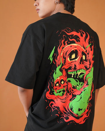 FIRE SKULL DROP-SHOULDER SLEEVES OVERSIZED T-SHIRT